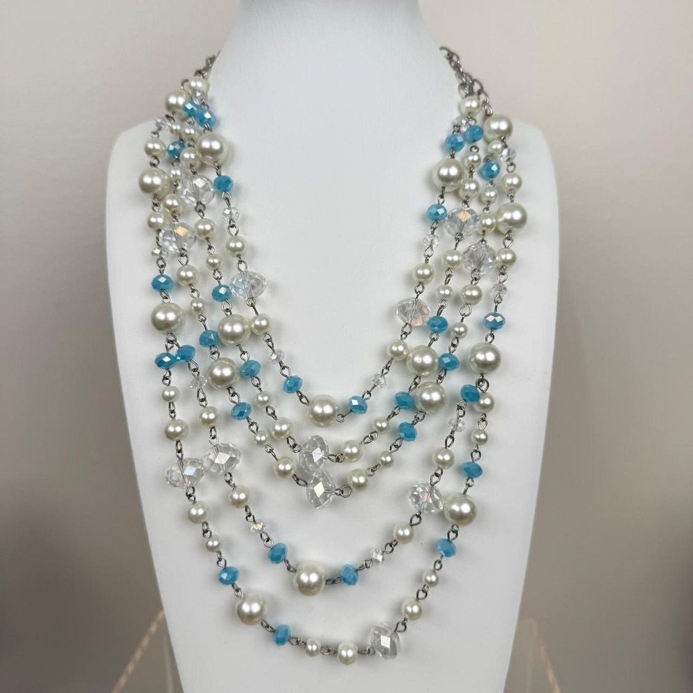 Multistrand Layered Necklace Faux Pearl Glass Bead Silver Tone Coastal Grandma